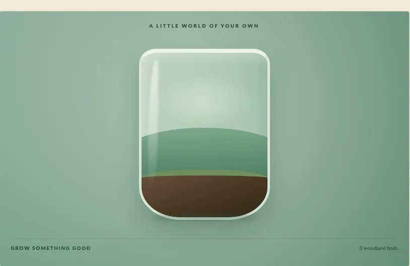 Preview of the interactive Pocket Forest terrarium builder showing its woodland palette and glass jar