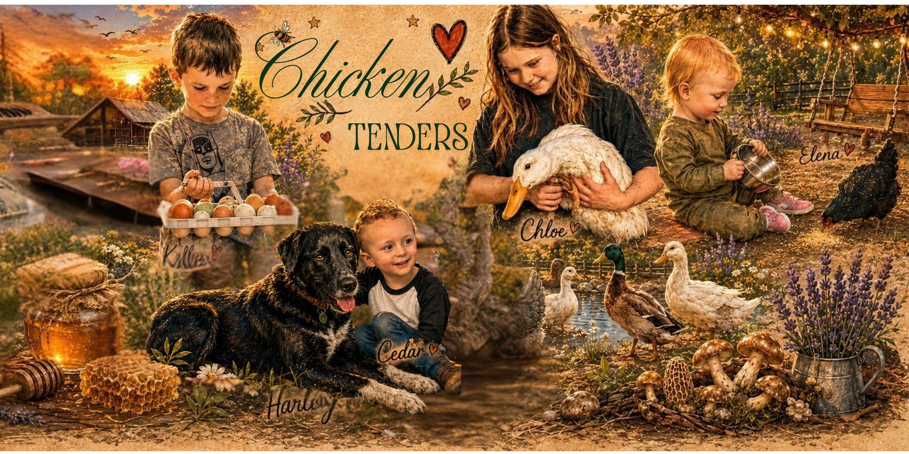 The Chicken Tenders — Kellen, Chloe, Elena, and Cedar with the farm animals