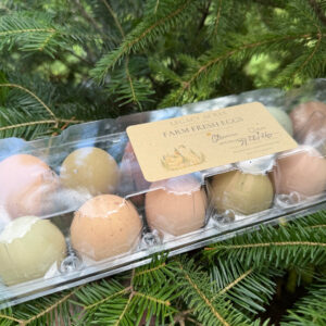 A carton of Legacy Acres farm-fresh chicken eggs resting on evergreen branches