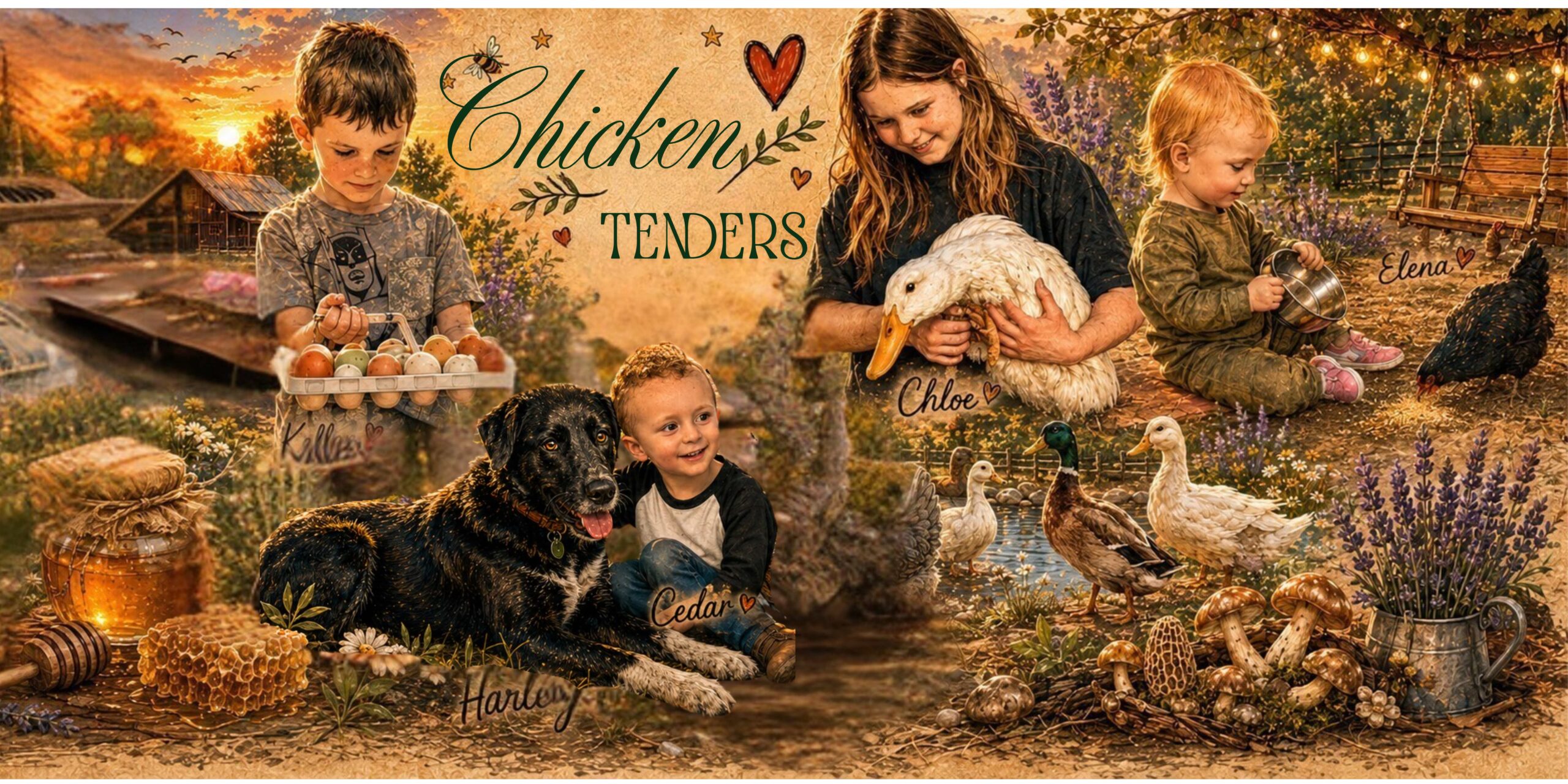 The Chicken Tenders of Legacy Acres with farm ducks, dog Harley, and woodland artwork