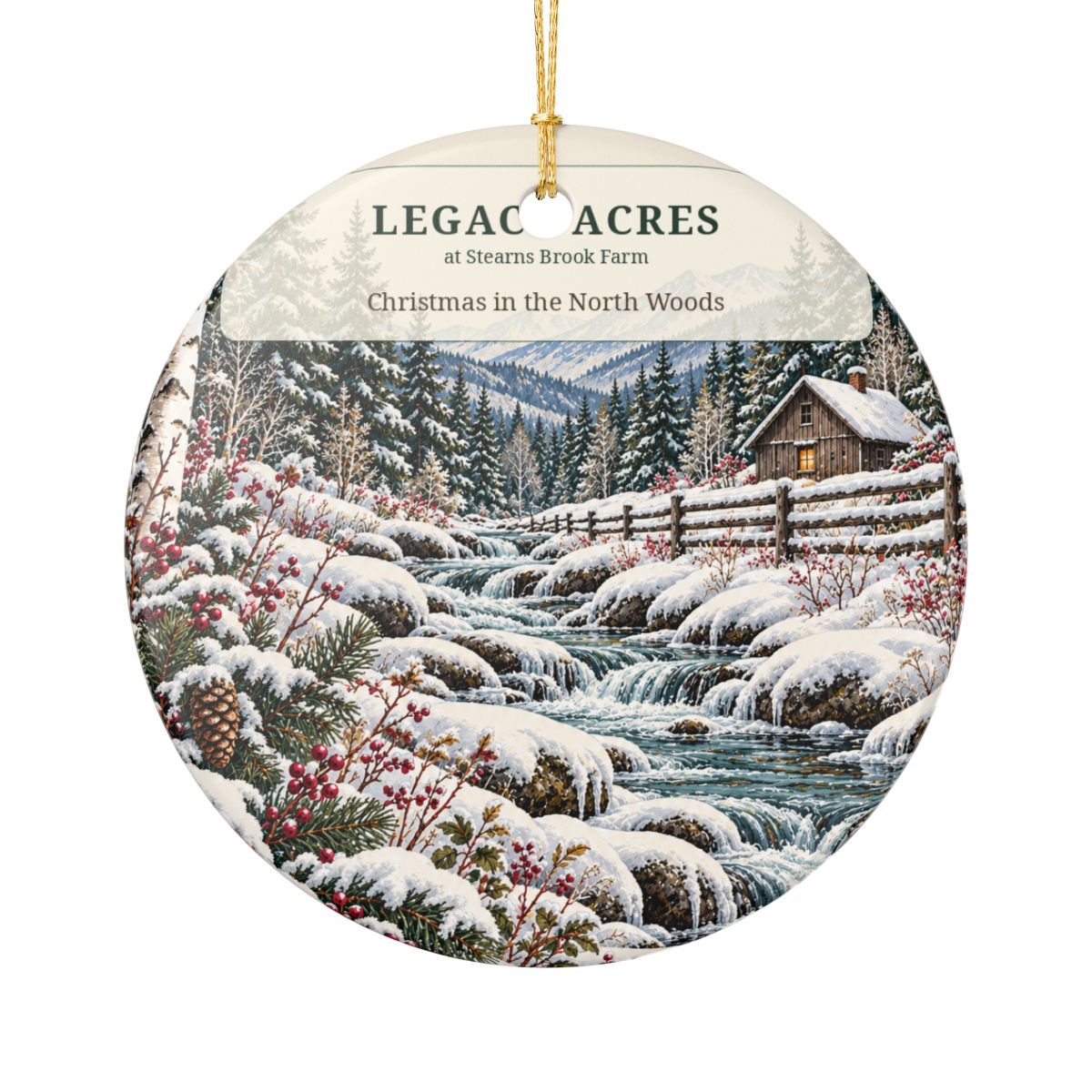 Christmas in the North Woods ceramic ornament front